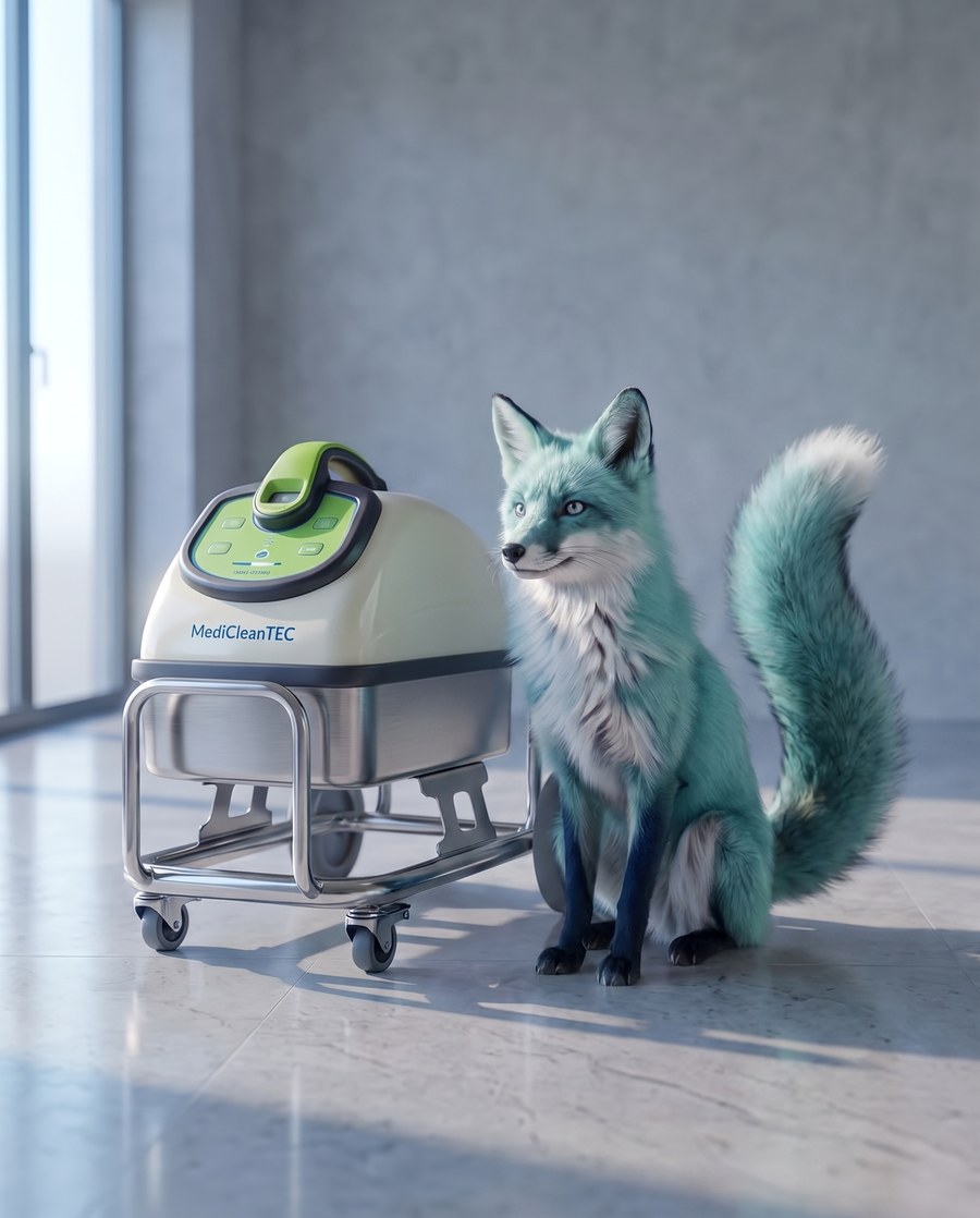 Die Dampfmaschine in einem hellen Raum, daneben der tuerkise Fuchs